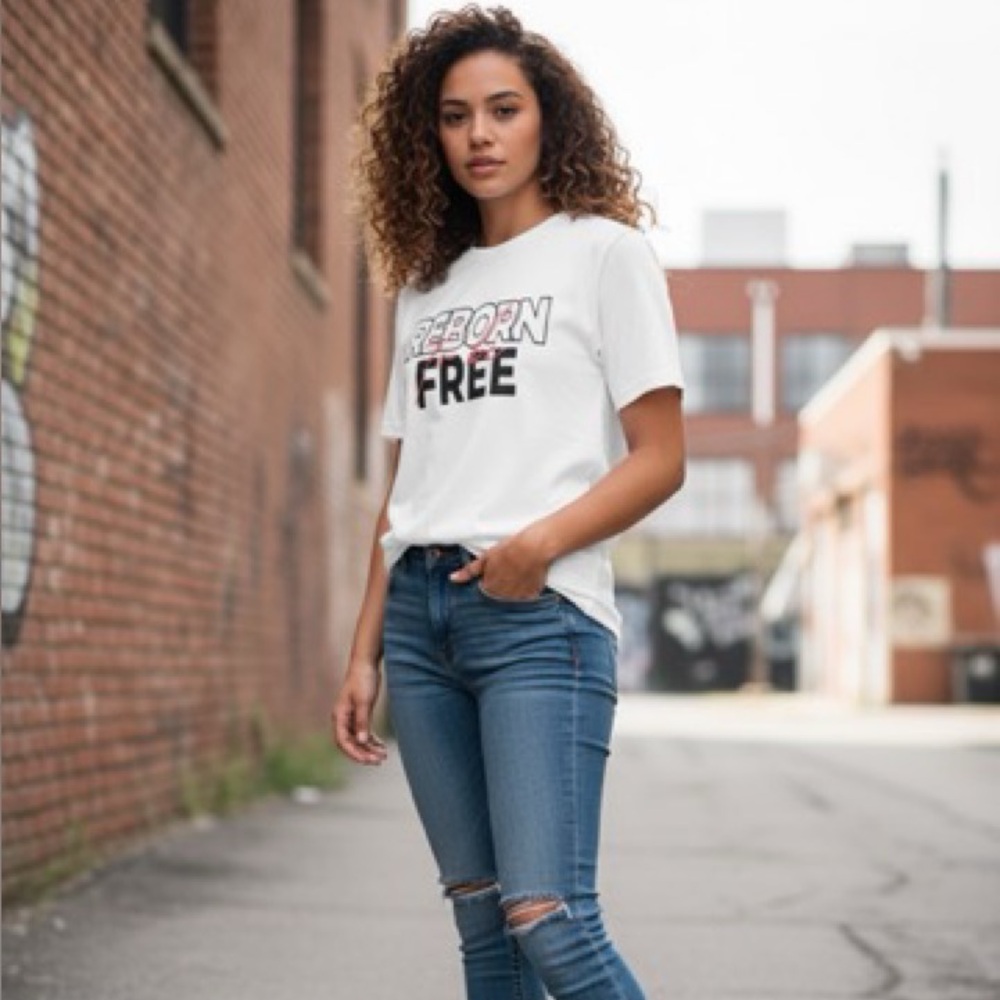 White “REBORN TO BE FREE” Graphic Tee for Women